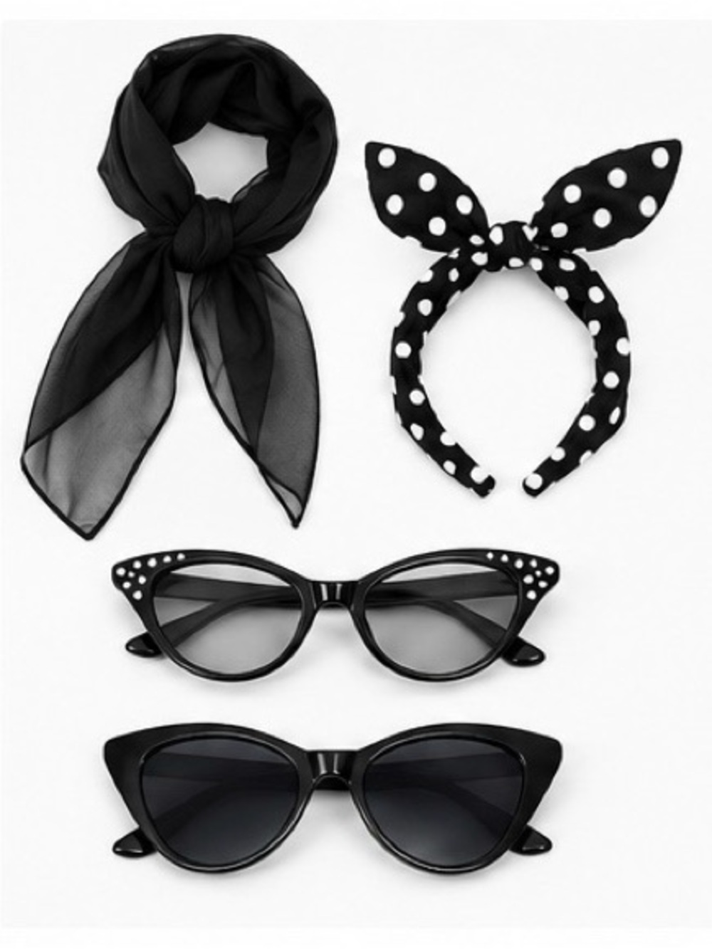 50s Costume Accessories Set Polka Dot Headband Scarf Cat Eye Glasses NWOT
